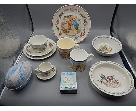 Wedgewood Beatrix Potter items to include Peter Rabbit trio, cup and saucer, mini cup and saucer, 2 bowls, christmas plate wi