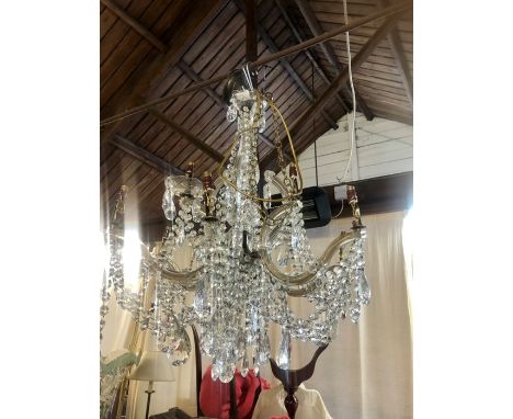 9 Branch Glass Chandelier, 13 lights in total. 30" long from fixing to bottom drop and 24" wide