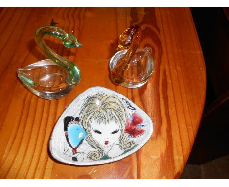 2 Glass Swan Dishes and Retro Ceramic Pin Dish 