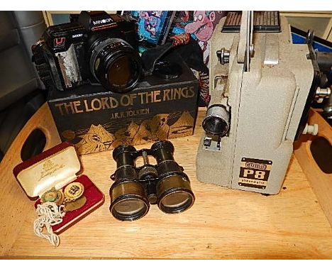 vintage Eumig projector, Minolta camera, binoculars, 3 pendants and Lord of the Rings story boxset on tape