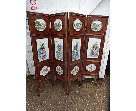 Oriental Camphor Wood 4 Fold Screen with ceramic inset panels ( missing hinge pins , piece of moulding on bottom left screen 