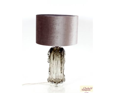 An Art Glass lamp with smoked raised decoration and grey plush shade, 42cm high overall