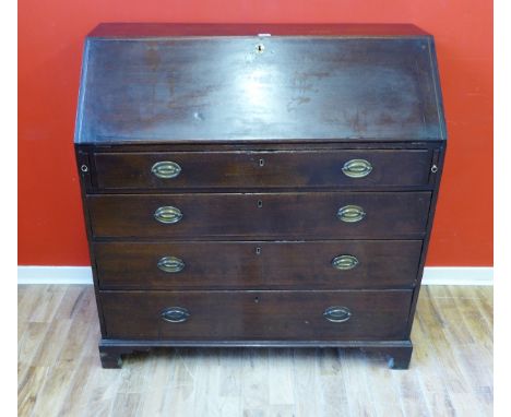 A 19th century oak bureau having a fall front top enclosing fitted interior above four long drawers, raised on bracket feet, 