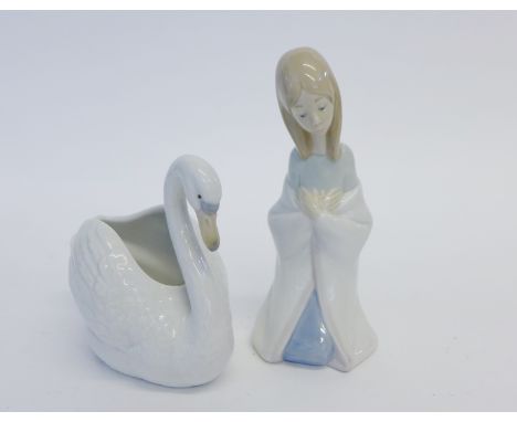 Lladro Spanish porcelain figure of a kneeling girl together with a Nao model of a swan (2)