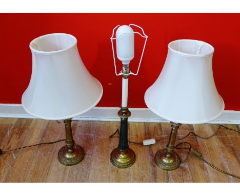 A pair of contemporary brass table lamps complete with shades and another lamp (3) 