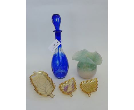 Vasart pink and green flared rim vase, a blue glass decanter and stopper and three amber leaf shaped glass dishes (5)