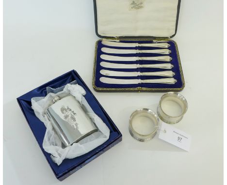 Cased set of six Sheffield silver handled butter knives, together with a silver plated hip flask and pair of napkin rings (a 