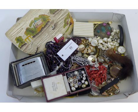A mixed lot to include The Edinburgh Savings Bank, vintage costume jewellery and a leather chinoiserie clutch bag (a lot) 