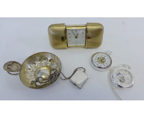 Mixed lot to include two contemporary silver plated pocket watches, vintage travelling alarm clock, silver plated taste du vi