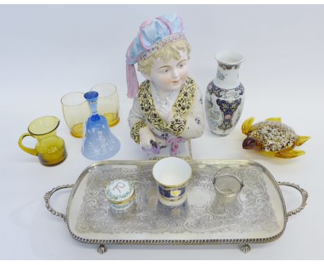 Mixed lot to include a Parian Ware bust, various coloured glass, Epns tray and a Royal Worcester Queen Elizabeth II diamond w