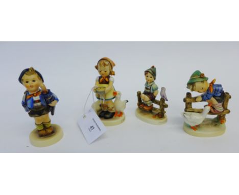 Four Hummel figures to include Farmyard Hero, Home from Market, Be Patient and Wayside Harmony