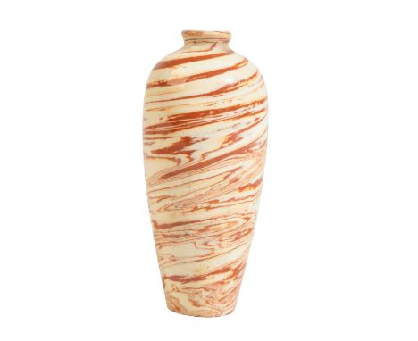 CHINESE MARBLED POTTERY VASE, MING OR LATER the baluster sides covered in a light brown and cream-glaze, Height: 9.5cm