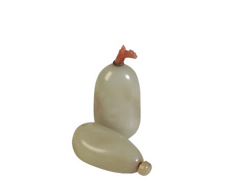 WHITE JADE 'PEBBLE' SNUFF BOTTLE, QING DYNASTY, 18TH CENTURY of naturalistic form, with a coral stopper; together with ANOTHE
