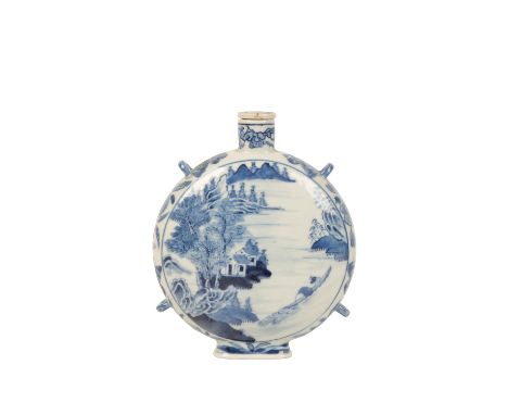 BLUE AND WHITE MOON FLASK, JIAQING SIX CHARACTER MARK AND OF THE PERIOD of flattened circular form with a short cylindrical n