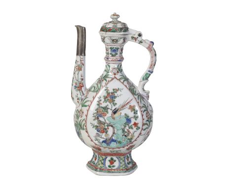 RARE PERSIAN MARKET FAMILLE VERTE WINE EWER AND COVER, KANGXI PERIOD the shaped baluster sides painted with panels of exotic 