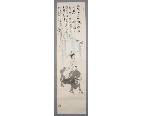 PAIR OF CHINESE SCROLLS, 20TH CENTURY watercolour and ink on paper, one depicting a lady playing a lute, the other a lady rid