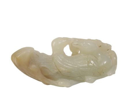 CARVED CELADON JADE GROUP, QING DYNASTY modelled as two ducks on a leaf, one holding a ruyi stem in it's beak, Width: 6cm  