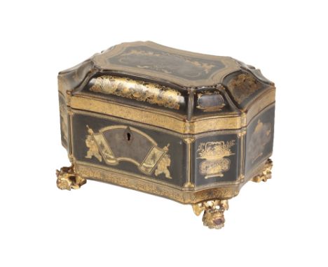 FINE CHINESE EXPORT LACQUER TEA CADDY, QING DYNASTY, 19TH CENTURY the shaped canted rectangular sides decorated in gilt and p