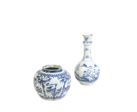 BLUE AND WHITE VASE, KANGXI PERIOD together with a blue and white jar, in the Ming style, Height: 24.5cm, Jar height: 13.5cm 