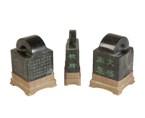 SET OF THREE GREEN-HARDSTONE SEALS, LATE QING / REPUBLIC PERIOD of square form, each finely carved with calligraphy and apocr