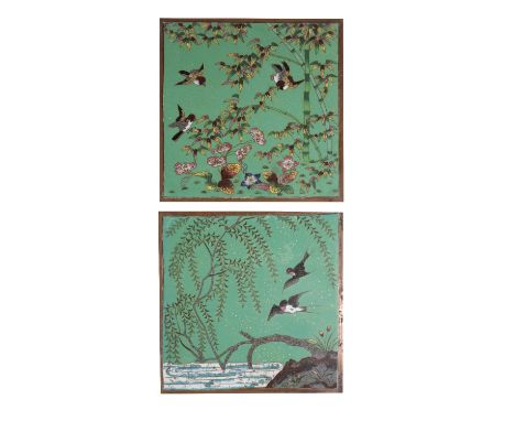 PAIR OF CLOISONNE ENAMEL PANELS, QING DYNASTY each decorated in coloured enamels with magpies amongst leafy trees, reserved a