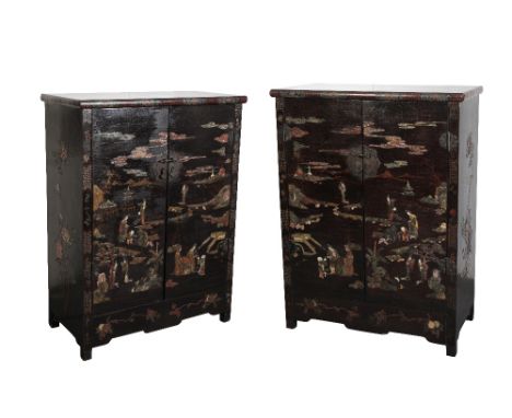 GOOD PAIR OF BLACK LACQUER, HARDSTONE AND MOTHER OF PEARL INLAID CABINETS, QING DYNASTY each inlaid with figures within a con