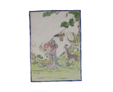 CANTON ENAMEL RECTANGULAR PLAQUE, QING DYNASTY, 18TH CENTURY painted with Lancaihe and her deer beneath a pine tree, framed w