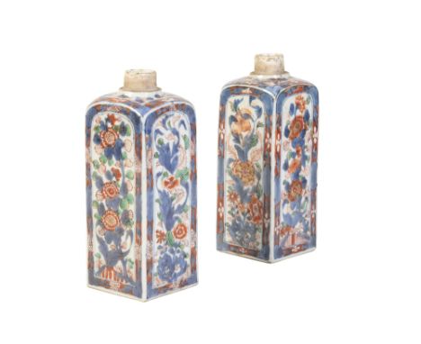 PAIR OF IMARI TEA CANNISTERS, KANGXI PERIOD of square form, the sides painted with panels of chrysanthemum and prunus, Height