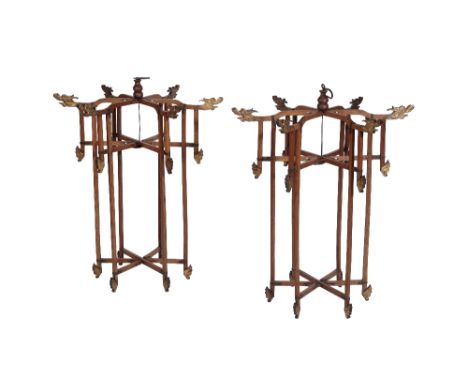 PAIR OF FOLDING HANGING LANTERN FRAMES, 20TH CENTURY of typical form with carved dragon mask finials, Height: 95cm, Width: 76