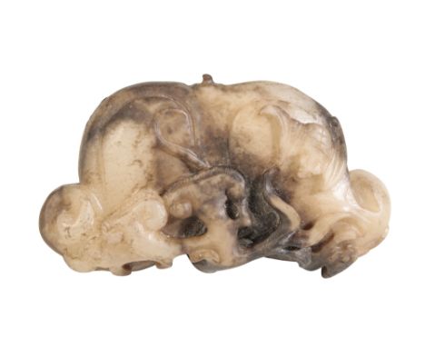 CARVED GREY JADE GROUP, QING DYNASTY modelled as a bat and ruyi's, Width: 7cm  