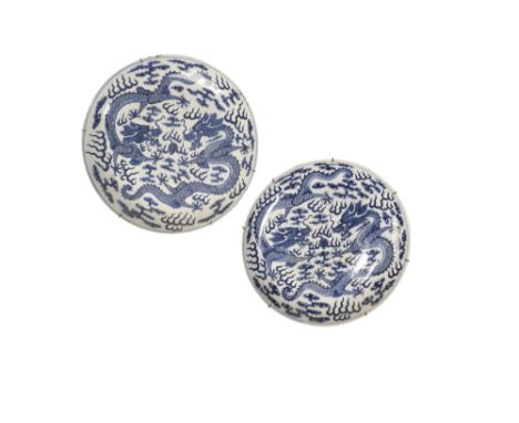 PAIR OF BLUE &amp; WHITE 'DRAGON' DISHES, GUANGXU SIX CHARACTER MARK AND OF THE PERIOD decorated in shades of cobalt-blue wit