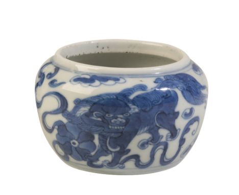 BLUE AND WHITE 'BUDDHIST LION' WATERPOT, KANGXI PERIOD the sides painted in tones of underglaze blue with a Buddhist lion, ri