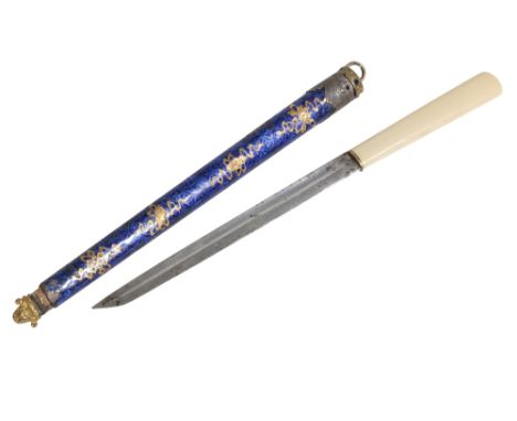 BLUE-ENAMEL, IVORY AND GILT-METAL KNIFE, LATE QING DYNASTY decorated with auspicious items, Length: 31cm Provenance: The Mart