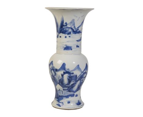 BLUE AND WHITE 'LANDSCAPE' YEN YEN VASE, KANGXI PERIOD the sides painted in bright cobalt tones with a riverside mountainous 