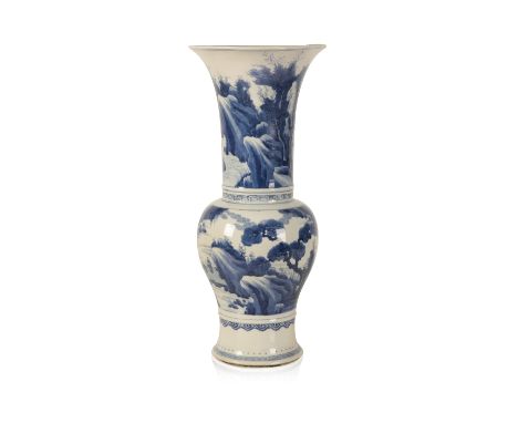 LARGE BLUE AND WHITE 'LANDSCAPE' YEN  YEN VASE, KANGXI PERIOD the sides painted in bright cobalt tones with a riverside mount