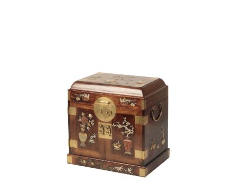 FINE HARDSTONE AND MOTHER-OF-PEARL INLAID HUANGHUALI TABLE CABINET, QING DYNASTY of rectangular form with gilt-metal mounts, 