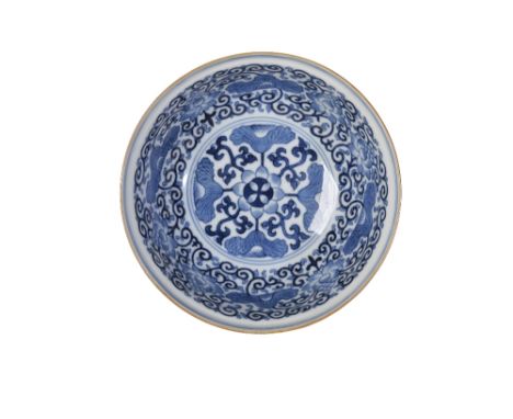 UNUSUAL FAMILLE-ROSE BLUE AND WHITE BOWL, XIANFENG SIX CHARACTER MARK AND OF THE PERIOD decorated in brightly coloured enamel