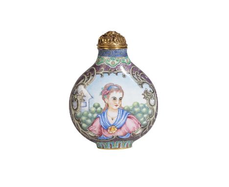FINE PAINTED ENAMEL 'EUROPEAN-SUBJECT' SNUFF BOTTLE, QING DYNASTY the sides finely painted with cartouches of young beauties 