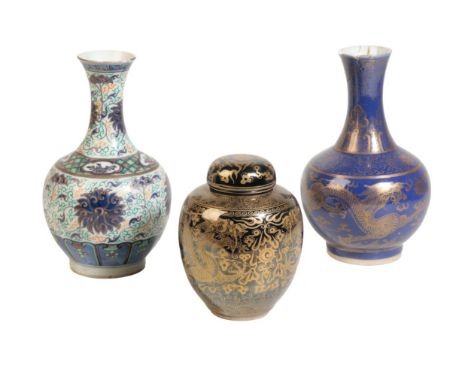 SMALL MIRROR-BLACK GINGER JAR AND COVER, QIANLONG SIX CHARACTER MARK BUT LATE 19TH CENTURY the sides decorated in gilt; toget