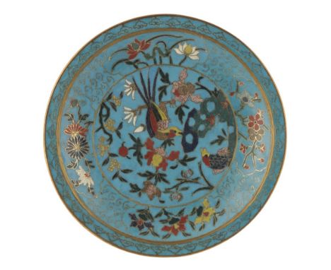 CLOISONNE ENAMEL TURQUOISE-GROUND POLYCHROME CIRCULAR DISH, MING DYNASTY, EARLY 17TH CENTURY the centre decorated with two bi