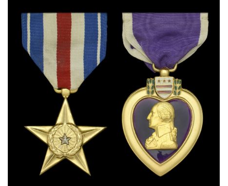 A United States of America Silver Star and Purple Heart pair awarded to Master Sergeant John P. Pappas, 2nd Medical Battalion