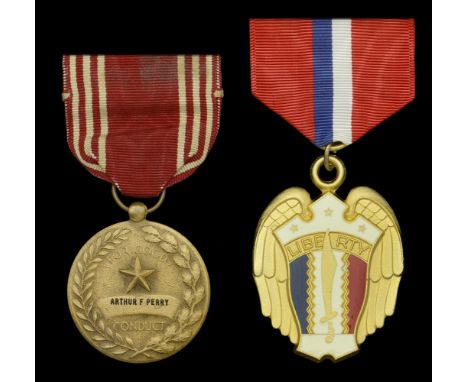 A United States of America Second War Army Good Conduct pair awarded to Private First Class Arthur F. Perry, 103rd Infantry R