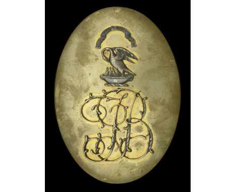 Boileau Family Livery Insignia. A badge of oval gilt design, to the centre blue enamel scroll with motto ‘De Tout Mon Coeur’,