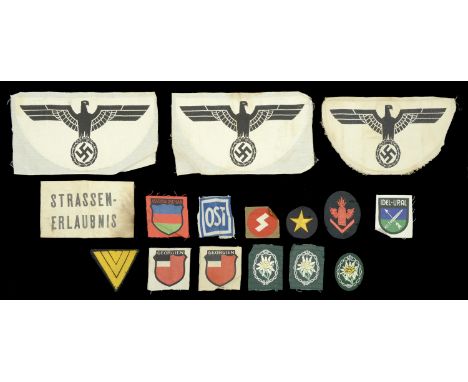 German Second World War Cloth Insignia. Three double sided Bevo woven army sports vest eagles, one with stitch marks as remov