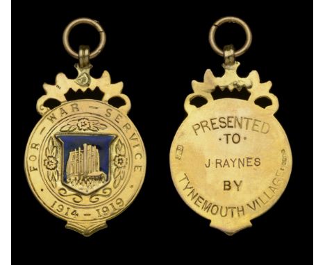 Tynemouth Village Great War Tribute Medal, 37mm x 24mm, gold (9ct, 4.10g, hallmarks for Birmingham 1919) and enamel, the obve