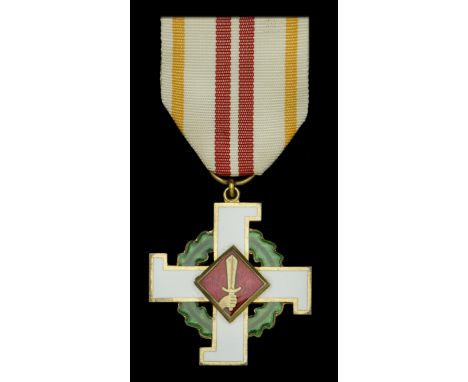 Latvia, Republic, Home Guard Cross of Merit Medal, 40mm, silver-gilt and enamel, with silver mark and Riga makers mark to rev