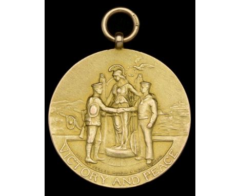 Great War Victory and Peace Medal, 32mm, gold (9ct., 12.35g), the obverse featuring a soldier and a sailor clasping hands, wi