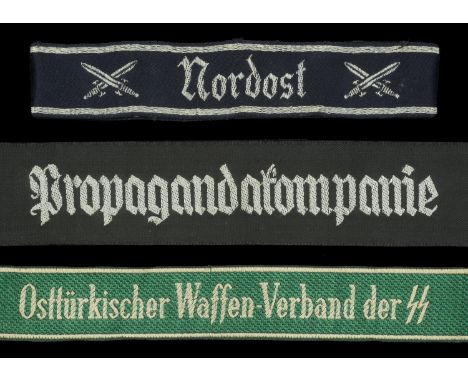 German Second World War Cuff Titles. Waffen SS Ostturkischer, green and silver Bevo weave, full length, unused. Army Propagan