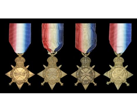 1914 Star (No. 2268 Havr. Nur Khan, 1/129/ Baluchis.) test cut to left hand arm of Star; 1914-15 Star (3) (6855. Pte. J. Kane