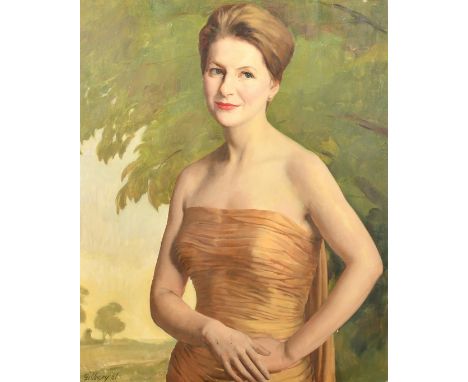 Michael Gilbery (1913-2000) British, a portrait of an elegant lady in an off-shoulder dress, oil on canvas, signed and dated 